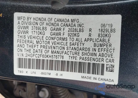 2019 Honda Civic Lx z USA, uszkodzony, nr VIN 2HGFC2F60KH576776